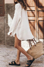Go To The Beach Linen Blend Pocketed Long Sleeve Oversized Shirt