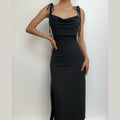 Cowl neck solid slit backless self tie ruched midi dress