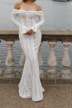 Matilde Statement Lace Wide Flared Sleeve Off Shoulder Dress Boutique Collection