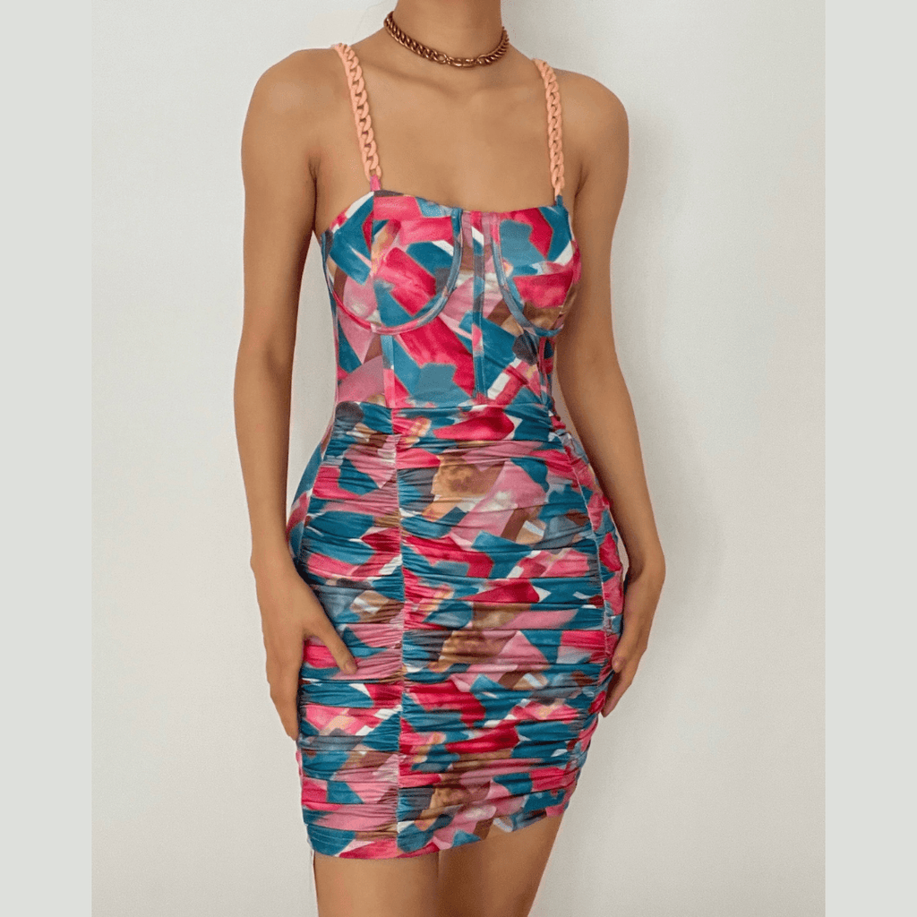 Chain strap ruched print bodycon dress