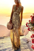 Regina Minimalist Golden Sunset Stories V Neck Maxi Dress Boutique Collection