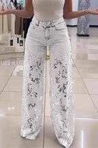 High Waist Lace Cutout Long Wide Leg Jeans