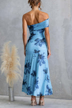 Floral Print Elegant Mesh Off-shoulder Fitted Maxi Dress