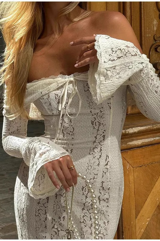 Sexy Off Shoulder Ruched Lace Flare Sleeve Bodycon Dress
