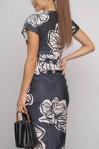 Unique Bella Contrast Color Unique Print Dolman Sleeve Ruched Slit Midi Dress