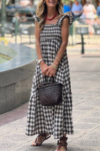 Black and White Gingham Square Neck Smocked Maxi Dress