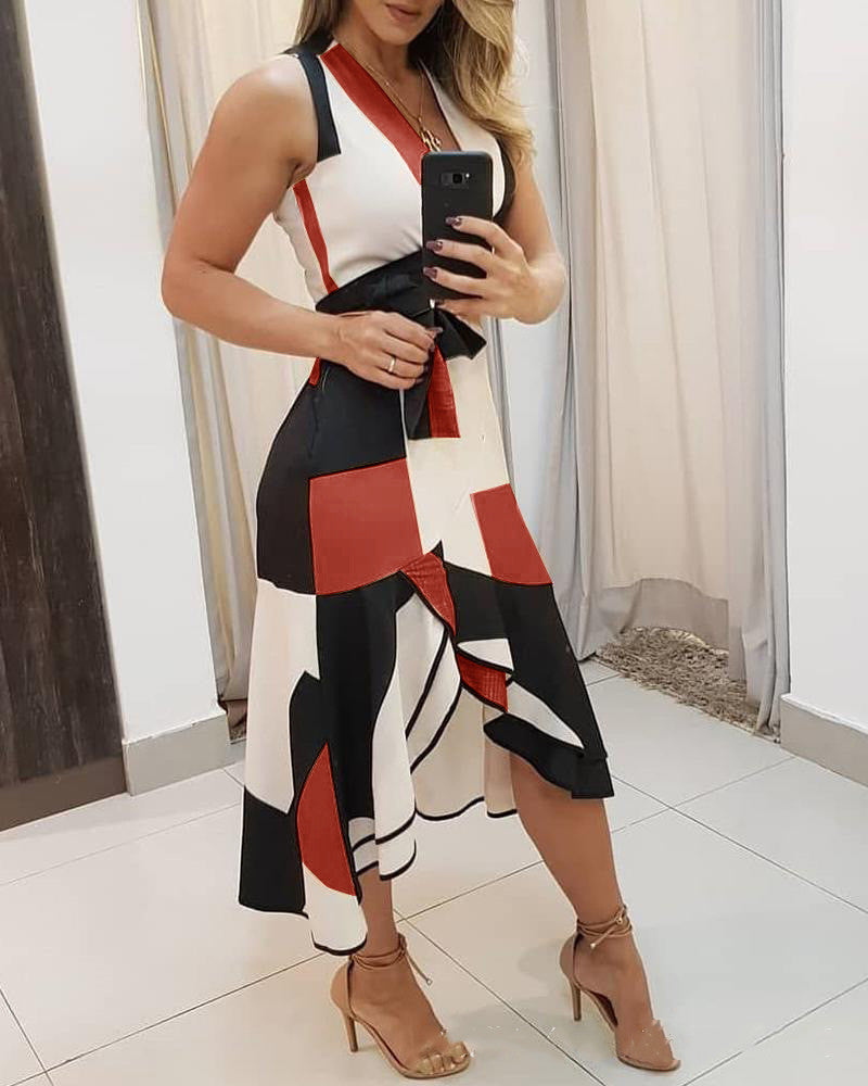 Zenaida Luxe Women's Asymmetric Midi Dress with Graphic Pattern and Waist Everyday Edit