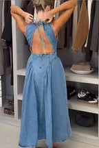 Classic and Stylish Denim Open Back Tie-up Gathered Hip Stretch Midi Dress