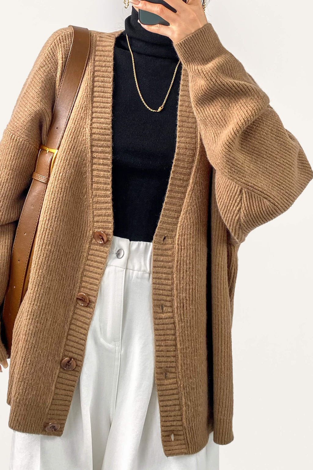 Brown Oversized Button Front Ribbed Knit Cardigan
