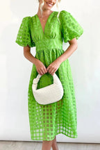 Beautiful square pattern fabric puff sleeve midi