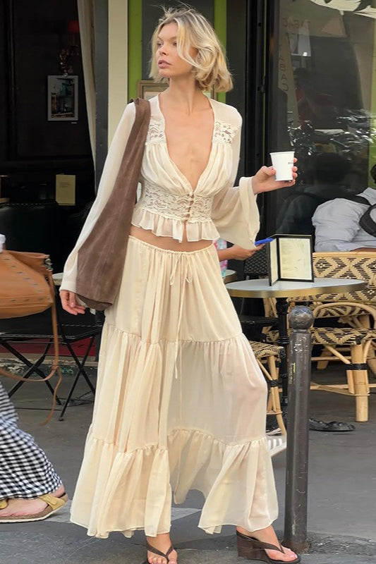 Sexy Lace Chiffon Sheer Tie Skirt Set