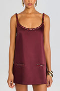 Taste Red Wine Satin Gemstone Trim Round Neck Slip H-line Mini Dress