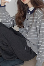 Color Block Stripe Crew Neck Embroidered Cardigan