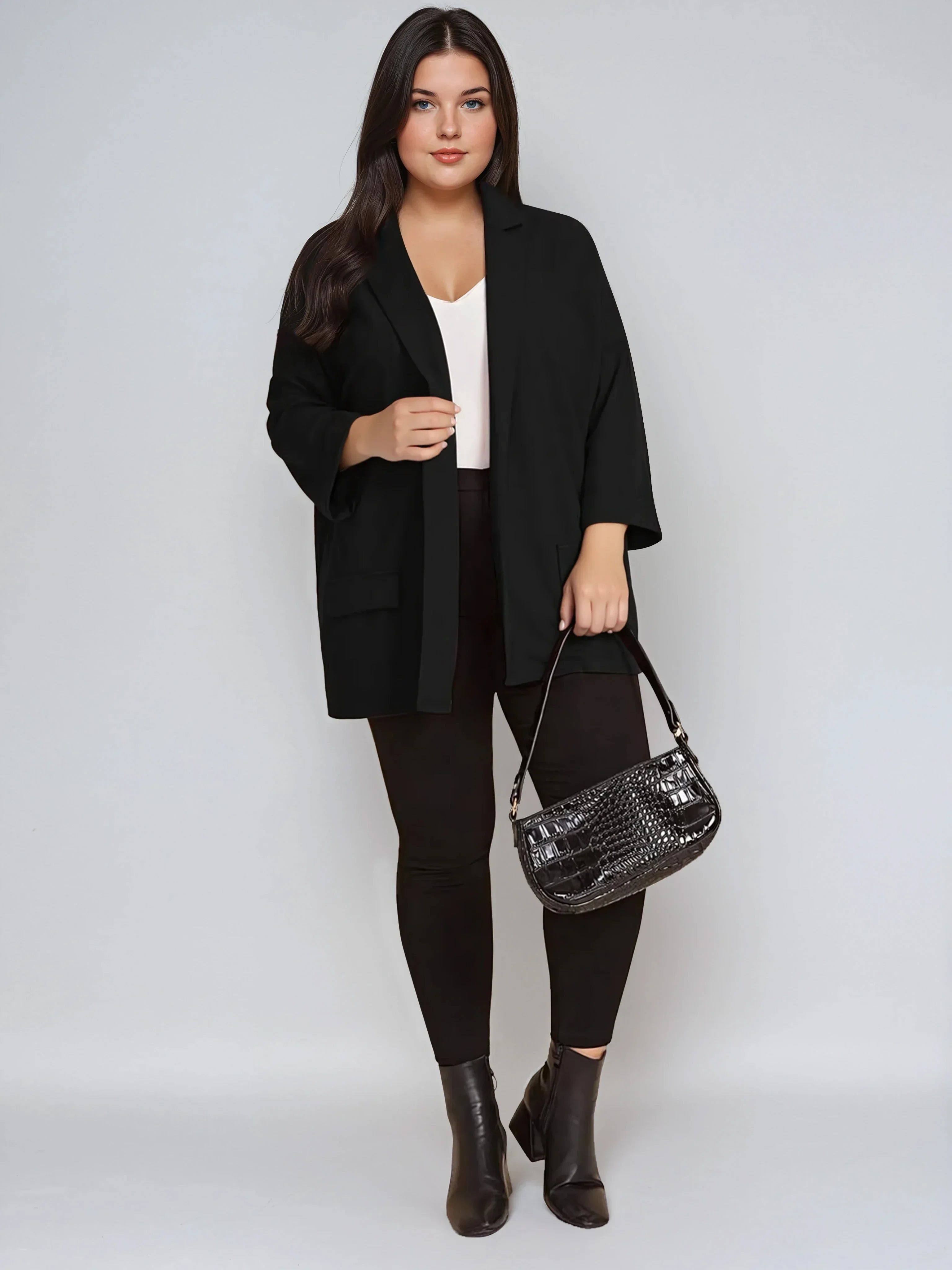 Plus Size Black Drop Shoulder Blazer With Cuffed Sleeves