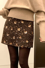 Sequin Embroidered High Waist A-line Fitted Short Skirt