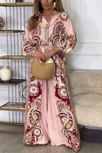 Unique Print Lapel Long Sleeve Tie Waist Shirt and Elastic Waist Pocket Wide Leg Pants Set