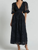 Rachele Premium Long Lace Dress with V Neck and Open Back Chic Silhouette Collection