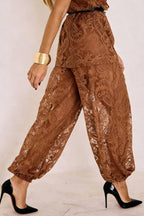 Winonah Mesh Lace Short Sleeve Top and Elastic Waist Loose Lantern Pants Set