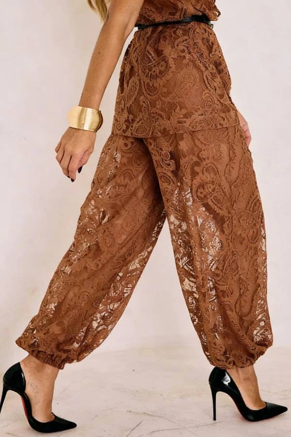 Winonah Mesh Lace Short Sleeve Top and Elastic Waist Loose Lantern Pants Set
