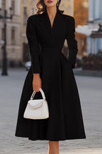 Elegant V-neck Long-sleeved Fitted Waist Midi Dress