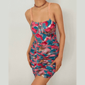 Chain strap ruched print bodycon dress
