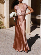 Spring Summer Satin Solid Color V - Neck Fishtail Party Dress