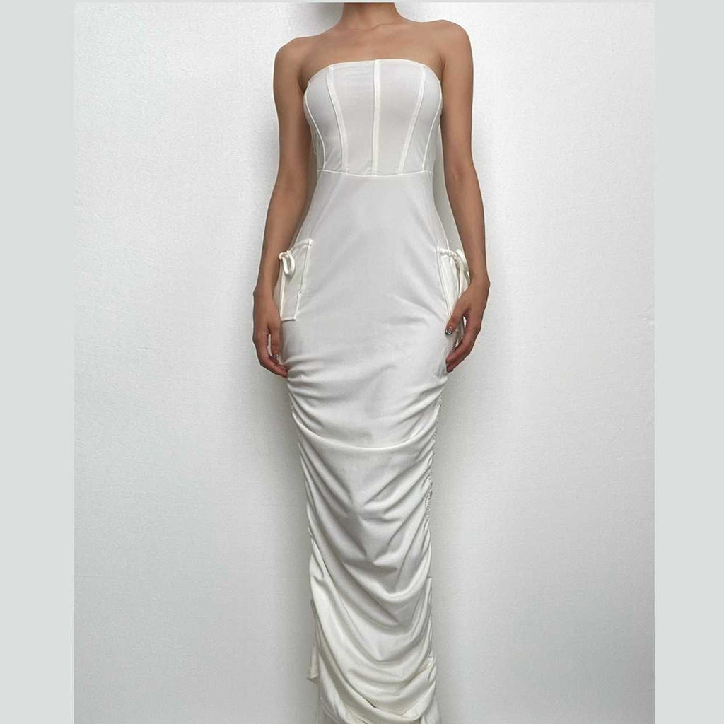 Ruched backless solid drawstring tube midi dress