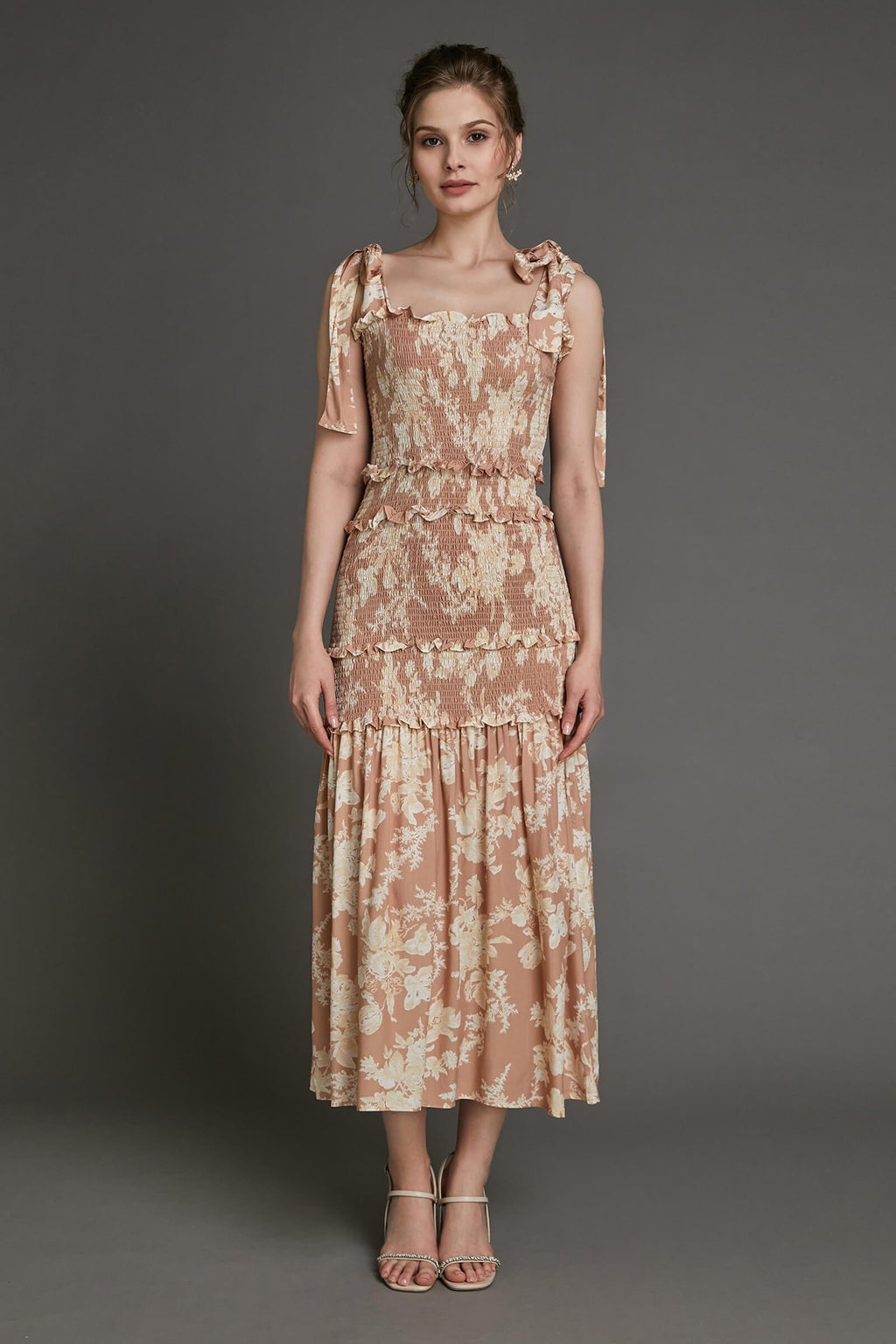 Bisque Floral Print Tie Strap Smocked Ruffled Maxi Dress