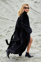 Long Notched Lapel Belted Rabbit Faux Fur Overcoat