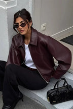 Retro Wine Red PU Leather Short Jacket
