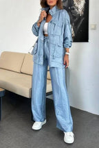 Easy on Me Metallic Fabric Flap Pocket Cargo Style Zipper Loose Jacket
