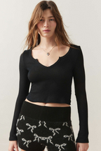 V Neck Ribbed Knit Slim Cropped Sexy Crop Top