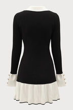 Stylish Color-blocked Long-sleeved Button-decorated Knitted Mini Dress