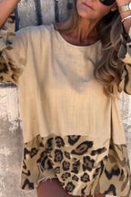 Leopard Print Loose-fitting Round Neck Long-sleeved Casual Top