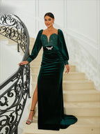 Elegant Green Velvet Evening Dresses Lantern Sleeve Sequin Belt Split Party Dress