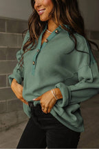 Smoke Green Waffle Patchwork Drop Sleeve Henley Top