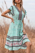 Elegant Floral Frenulum Buckle V Neck A Line Dresses