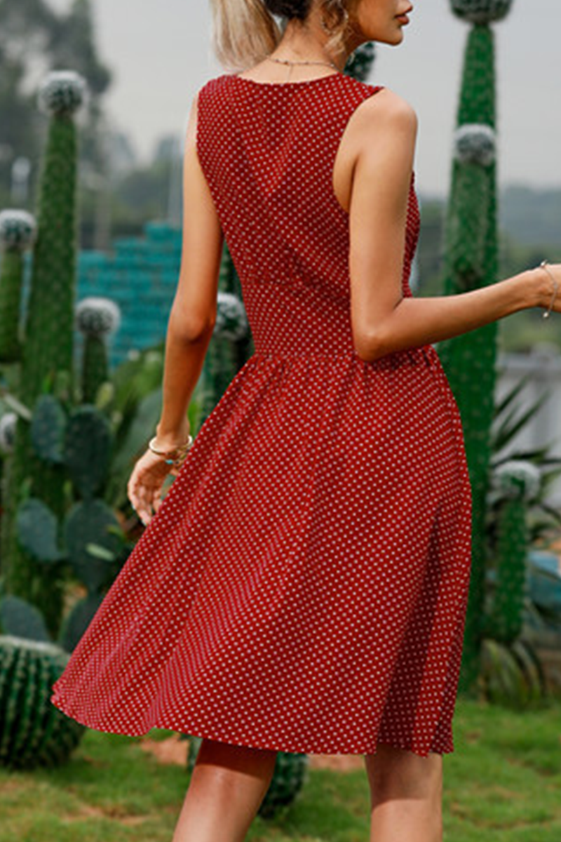 Fashion Elegant Dot Buckle V Neck Waist Skirt Dresses