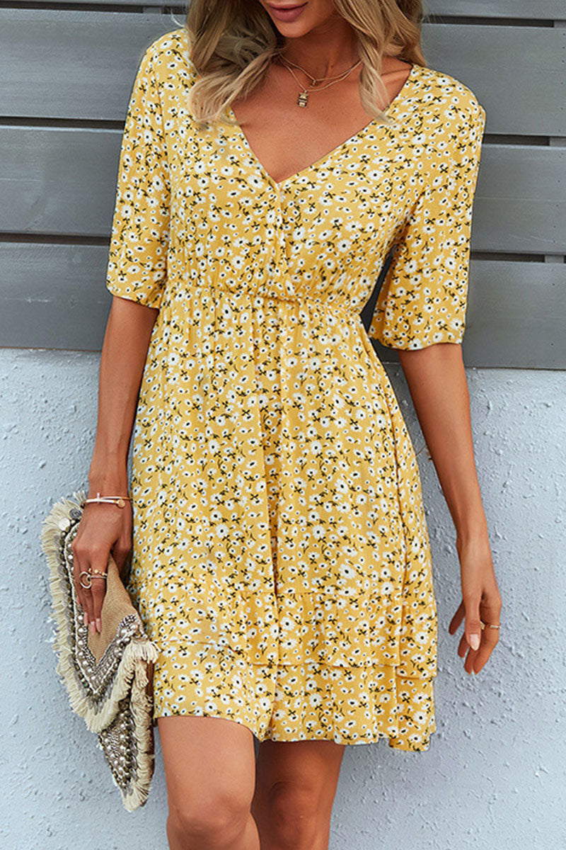 Fashion Street Print Split Joint V Neck A Line Dresses(4 colors)