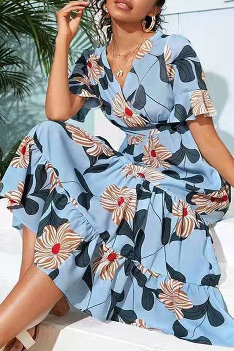 Fashion Street Print Split Joint V Neck A Line Dresses