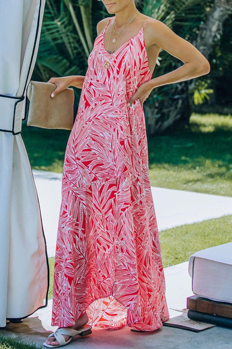 Fashion  Vacation Print Slit V Neck Princess Dresses