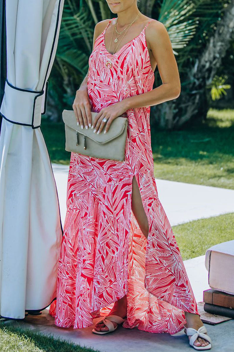 Fashion  Vacation Print Slit V Neck Princess Dresses