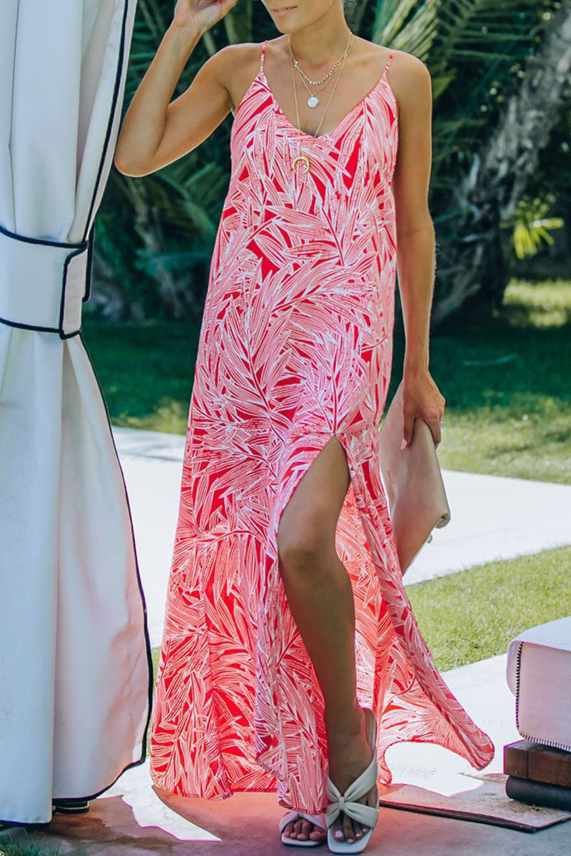 Fashion  Vacation Print Slit V Neck Princess Dresses
