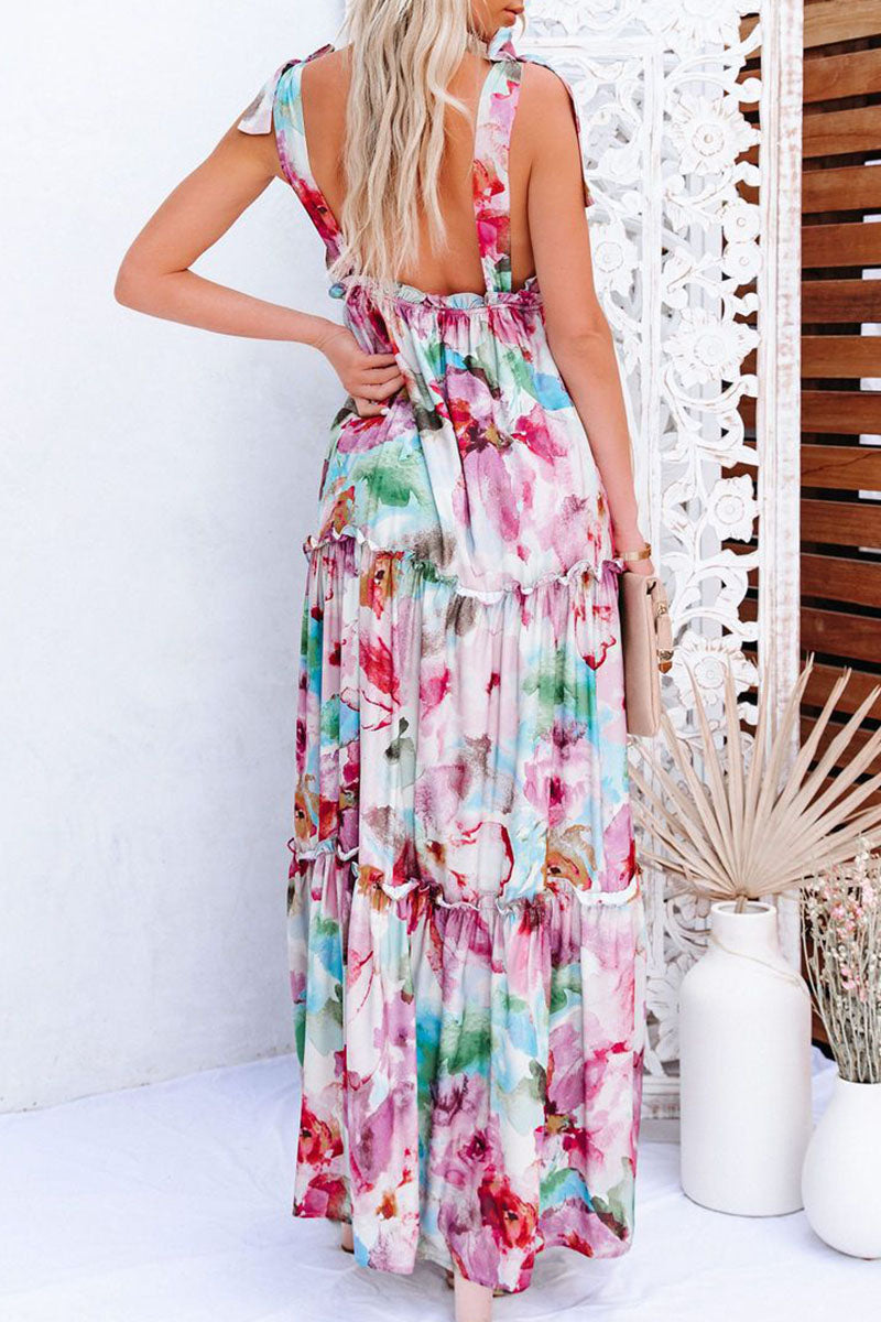 Fashion Street Print Split Joint V Neck Princess Dresses