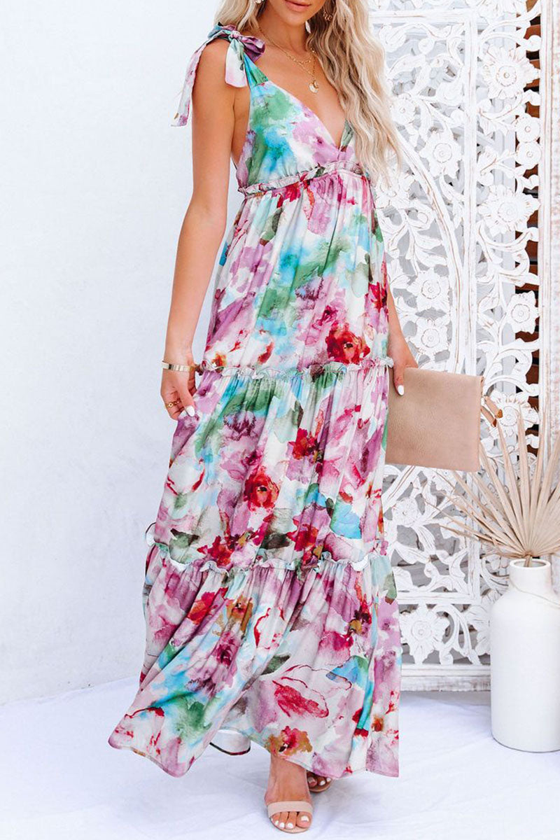 Fashion Street Print Split Joint V Neck Princess Dresses