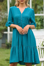 Elegant Solid Buckle Flounce V Neck Dresses