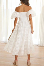 Fashionable One-Shoulder Chiffon Puff Sleeve Swing Midi Dress
