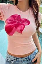 Romantic Floral Print Crew Neck Slim Crop T-shirt