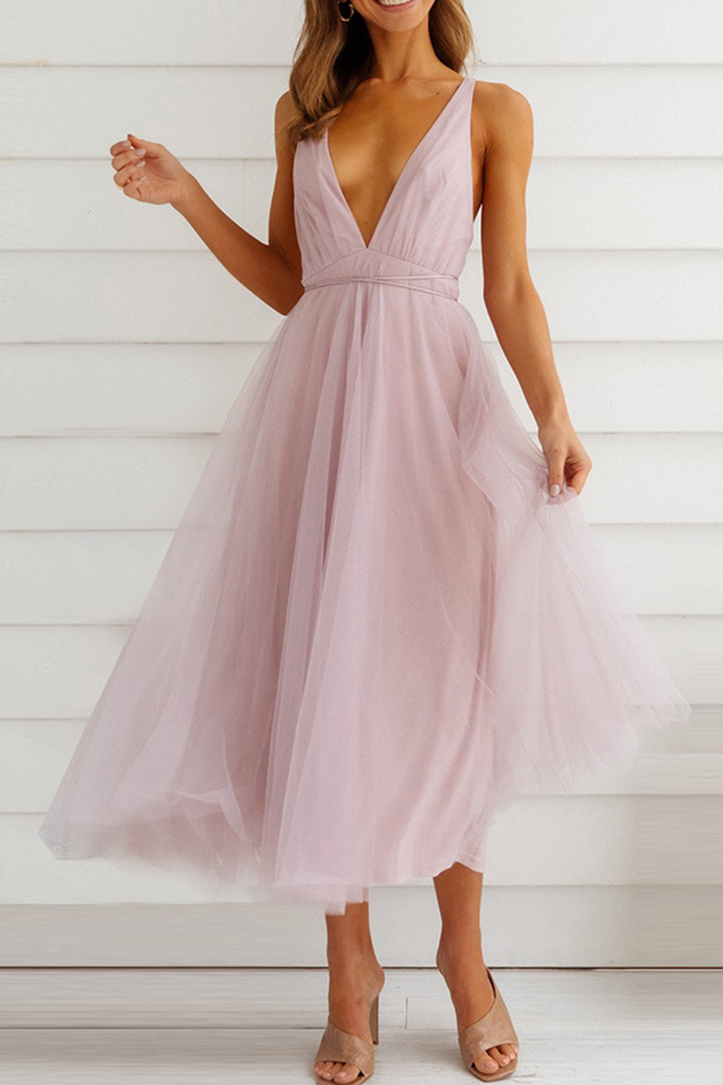 Thalia Exclusive Casual Solid Mesh V Neck Cake Skirt Dresses (4 Colors) Chic Silhouette Collection