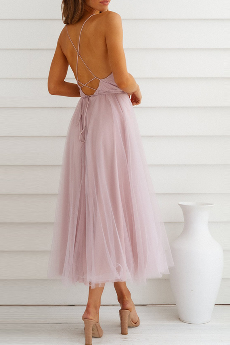 Thalia Exclusive Casual Solid Mesh V Neck Cake Skirt Dresses (4 Colors) Chic Silhouette Collection